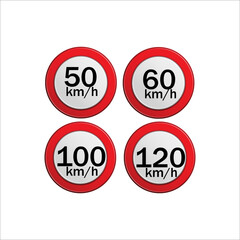 Set of speed limit road signs. Set of generic speed limit signs for maximum speed at 5 10 15 20 30 40 50 60 70 80 90 and 100 kilometers per hour. With black numbers in red circle.