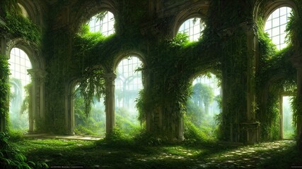 Naklejka premium A garden in a majestic architectural building with large stained glass windows and arches. Mystical and mysterious rooms in green plants. Fantasy interior, exterior inside the building. 3D illustratio