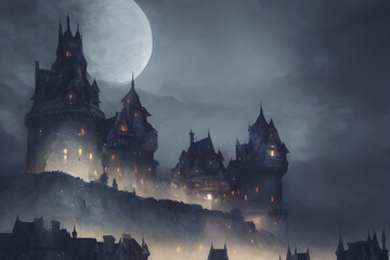 A mighty castle in the moonlight. 