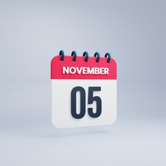 November Realistic Calendar Icon 3D Rendered Date November 05