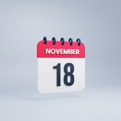 November Realistic Calendar Icon 3D Rendered Date November 18