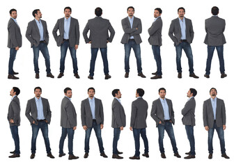 large group of same man with jeans and blazer on wlhite background