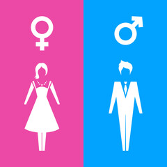Restroom door pictograms. Woman and man public toilet colorful vector icon with gender sign