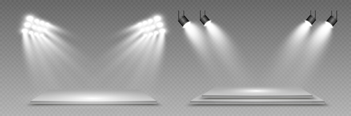  Podium, pedestal or platform, illuminated by spotlights in the background. Vector illustration. Bright light. Light from above. Advertising place	