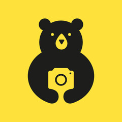Initial Bear Photographer Logo Negative Space Vector Template. Bear Camera Coffee Symbol