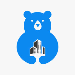 Initial Bear Building Logo Negative Space Vector Template. Bear Holding Building Symbol