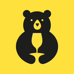 Initial Bear Wine Glass Logo Negative Space Vector Template. Bear Holding Wine Glass Symbol