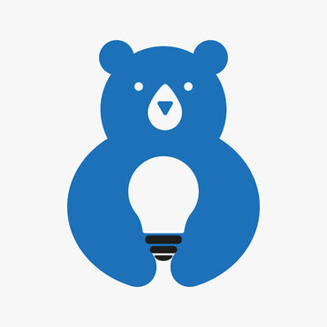 Initial Bear Bulb Logo Negative Space Vector Template. Bear Holding Bulb Symbol