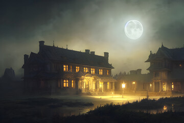 Full moon shines over a creepy haunted house. 