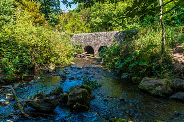 A view down a stream towards a stone bridge in Grace Dieu Wood in Leicestershire, UK in summertime