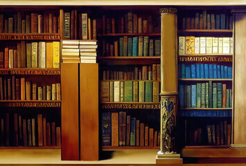 Old library  with books on shelves brown and blue and green background for learning resources, Generative AI 