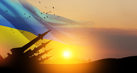 The missiles are aimed at the sky at sunset with Ukrainian flag. Nuclear bomb, chemical weapons, missile defense, a system of salvo fire. 3d-rendering.