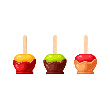 Chocolate, toffee and caramel candy apples set. Vector illustration isolated on white background