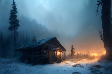 A cabin standing alone in the winter woods. 