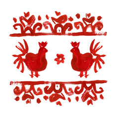 Silhouettes of red embroidery. Naive or childish art style. Pattern traditional folk Vyshyvanka. Perfect for wallpaper, wrapping paper, web, greeting cards.