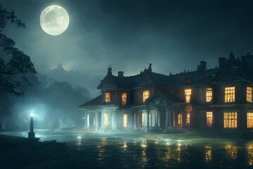 Obraz premium Full moon shines over a creepy haunted house. 