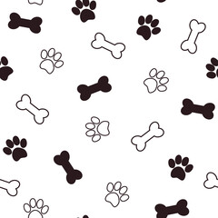 Naklejka na ściany i meble Seamless pattern with paw footprints and bones. Vector illustration isolated on white background. It can be used for wallpapers, wrapping, cards, patterns for clothes and other.