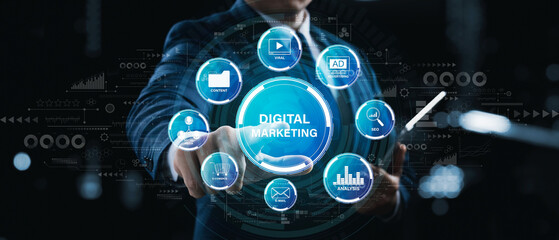 Digital marketing technology concepts in online media, online advertising to help increase sales and increase online sales channels to reach consumers from all over the world.