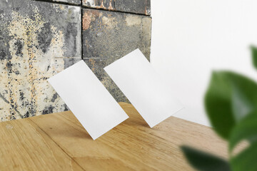 Clean minimal business card mockup floating on top table with plant