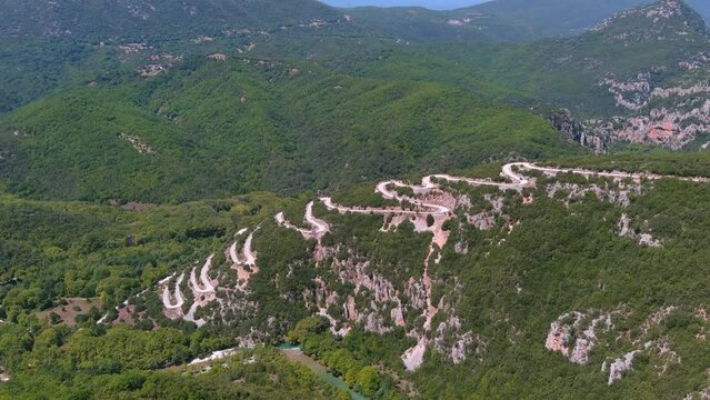 Winding road near Voidomatis River Vikos Gorge, Aerial
Drone view from Greece, 2022
