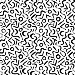 Simple geometric figures vector seamless pattern. Organic grunge squiggle lines, triangles and circles. Biological motif, memphis ornament. Abstract ornament. Black paint dry simple brushstrokes. 