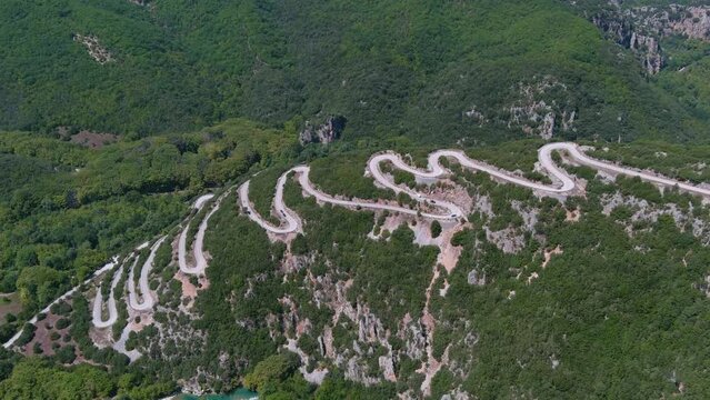 Vikos Gorge road near Voidomatis River, drone
Drone view of road with many zigzag in the Epirus from Greece, 2022
