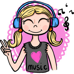 Girl in headphones. Illustration with a girl who loves music. Doodle style. Vector.