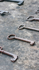 Fila de llaves antiguas oxidadas sobre mesa de piedra