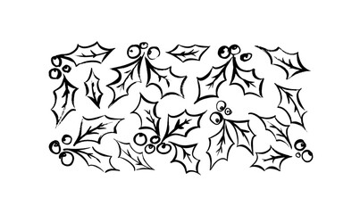 Hand drawn holly berries and leaves collection. Christmas botanical elements isolated on white background. Winter sketched holly leaves. Modern style. Decorative winter brush-drawn vector elements.