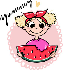 Cute girl eating a juicy watermelon. Doodle style. Vector.