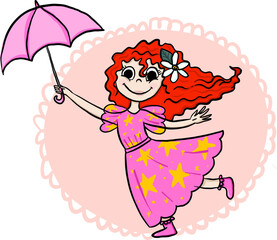 Girl with an umbrella.  Print for t-shirt, stationery, cards and other design.