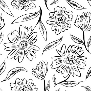 Linear exotic flowers seamless pattern. Hand drawn ornament in oriental, Indian style with chrysanthemum, aster or peonies blossoms. Brush style  floral motives. Decorated vector plants. 
