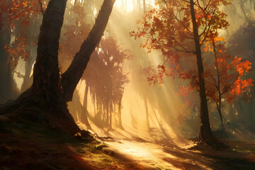 Fototapeta premium Sunlight in an autumn forest. 