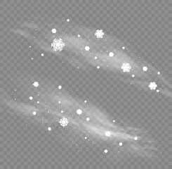 Cold wind with snow blow, winter weather with white smoke flying snowflakes. Christmas effect of a cold blizzard. Freezing breath curve trails. Flow snowy smoky stream, icy vapor. Vector illustration