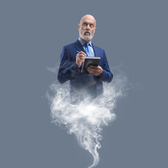 Genie businessman appearing with smoke