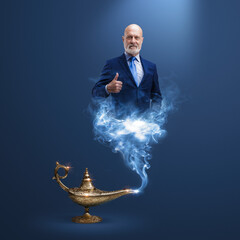 Business executive coming out from a magic lamp