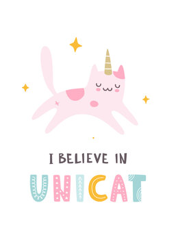 Unicorn cat flying. Poster with unicat and lettering. Horned magic kitten print for girls apparel.