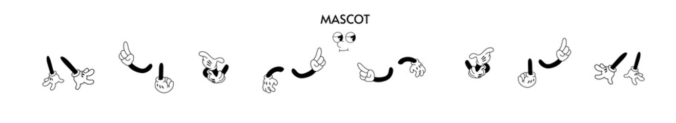 Vintage mascot cartoon hands in gloves. Cute animation char acter body parts. Comics arm gestures . Different movements and positions! Clipart set.