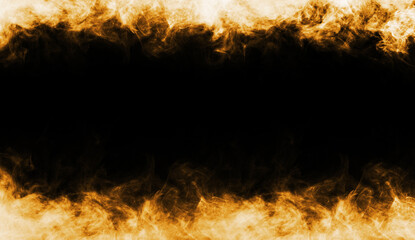 Abstract fire texture frame over black background. Fog in the darkness. Natural pattern.