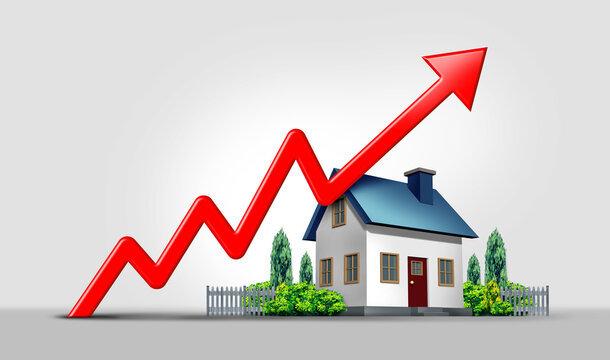 Rising interest rates and mortgage home prices surging as housing borrowing costs rise due to inflation and financial crisis concept as a house hit by a a finance graph arrow