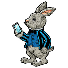 fairytale rabbit smartphone sketch PNG illustration with transparent background - obrazy, fototapety, plakaty