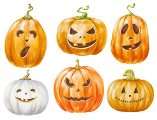 Halloween pumpkin set. Creepy jack o’lantern illustration.