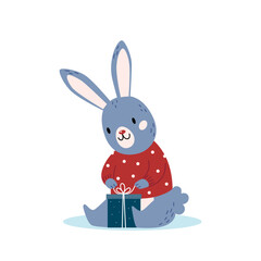 Cute rabbit wraps a gift. Flat vector illustration.