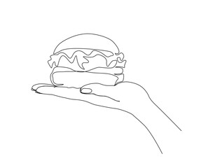 Continuous line drawing of Hand Holding Hamburger vector illustration. Hamburger on Hand single line art minimalism style.