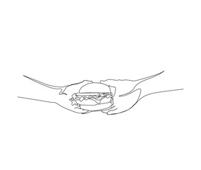 Continuous line drawing of Hands Holding Hamburger vector illustration. Hamburger single line hand drawn minimalism style.
