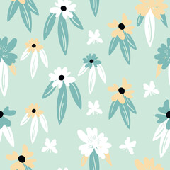 Seamless floral pattern based on traditional folk art ornaments. Colorful flowers on color background. Scandinavian style. Sweden nordic style. Vector illustration. Simple minimalistic pattern