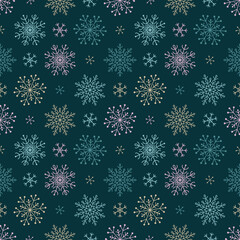 Snowflakes seamless pattern of a variety of snowflakes on a dark background.