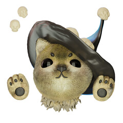 fluffy cat in a hat with skulls - halloween 3d render illustration