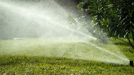 Irrigation system watering green grass, blurred background