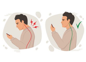 Posture man vector illustration, incorrect head angle using phone, bad posture, backache, Shoulder pain, curvature of the spine, Incorrect posture using mobile smart phone flat cartoon style - obrazy, fototapety, plakaty